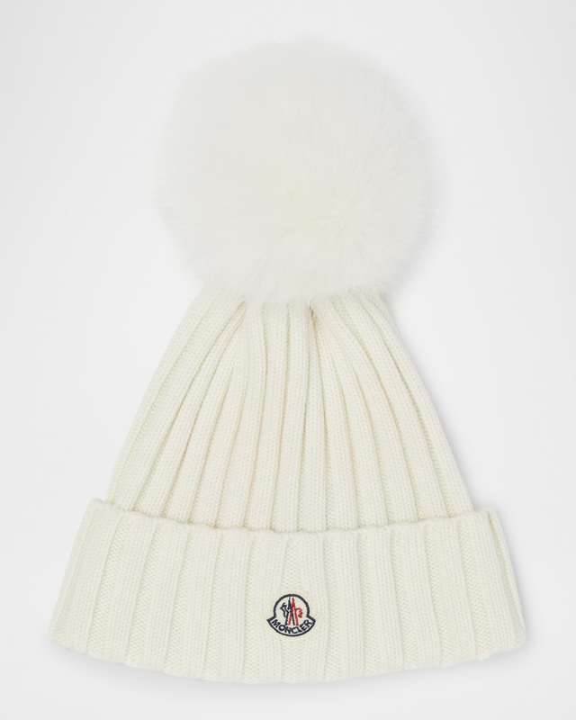 Ribbed Logo Beanie with Faux Fur Pom